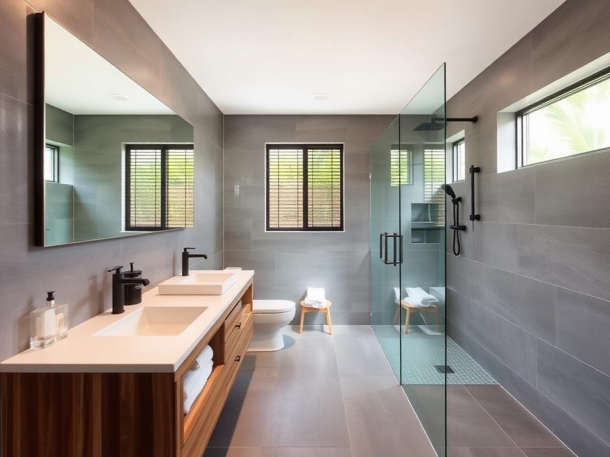 Renovated modern bathroom with grey tiling, glass shower and timber vanity