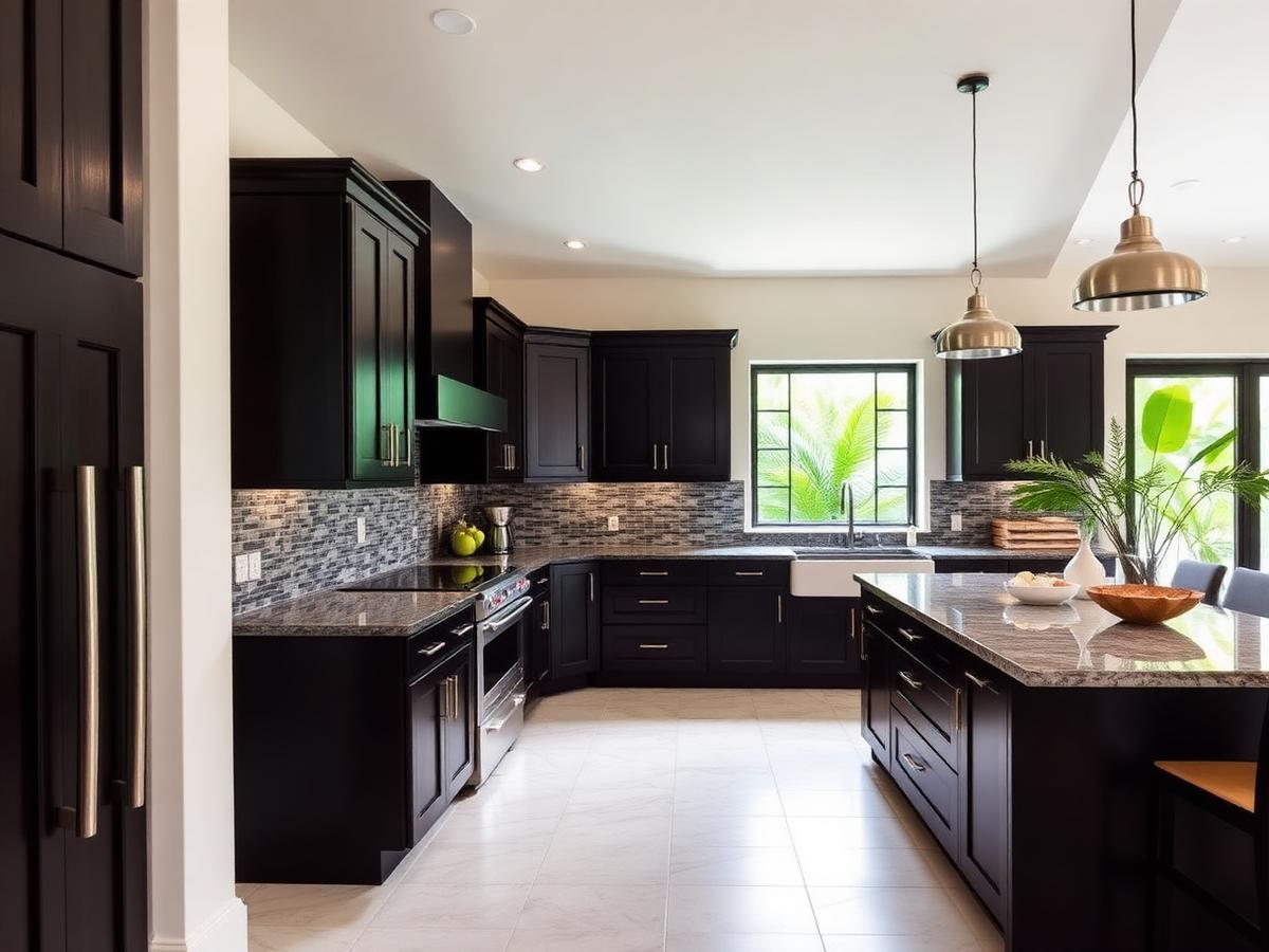 Renovated kitchen with dark cabinetry, stone counters and tiled floor