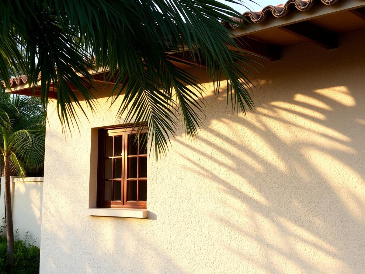 Restored textured stucco exterior wall of a tropical house